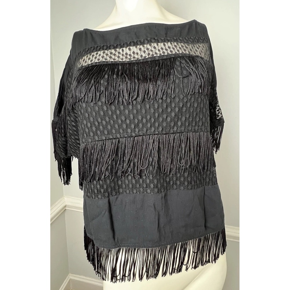 Ella Moss 'Zena' Sheer Accent Fringe Top Size X Small Black